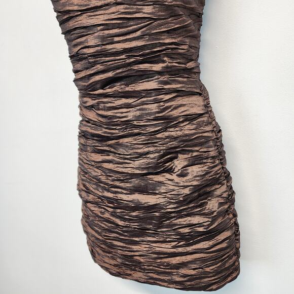 Vintage Ruched Crinkled Bodycon Cocktail Mini Dress Size M Dark Brown Ariella - Picture 3 of 15
